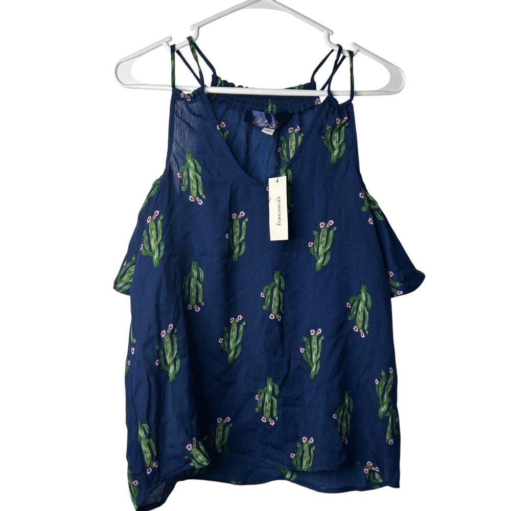 Blue Rain Womens Cold Shoulder Top Blouse Blue Size S Cactus Print Boho Summer